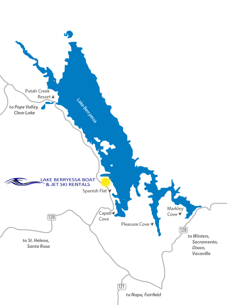 Map of Lake Berryessa and directions to Berryessa Boat Rentals