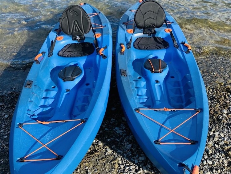two blue kayaks on the shore of lake berryessa